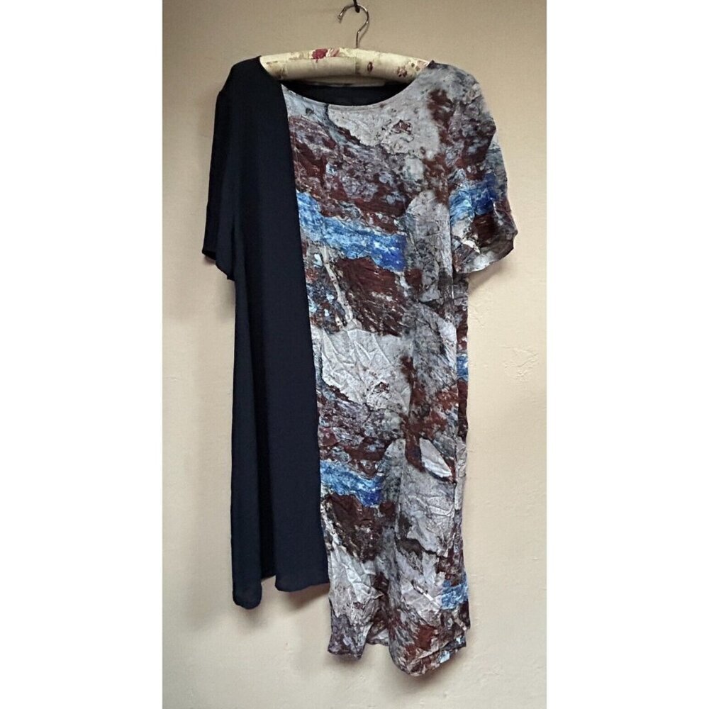 Ricochet Boat Neck Colorblock Abstract Print Asymmetric Dress Sz 14 Short Sleeve